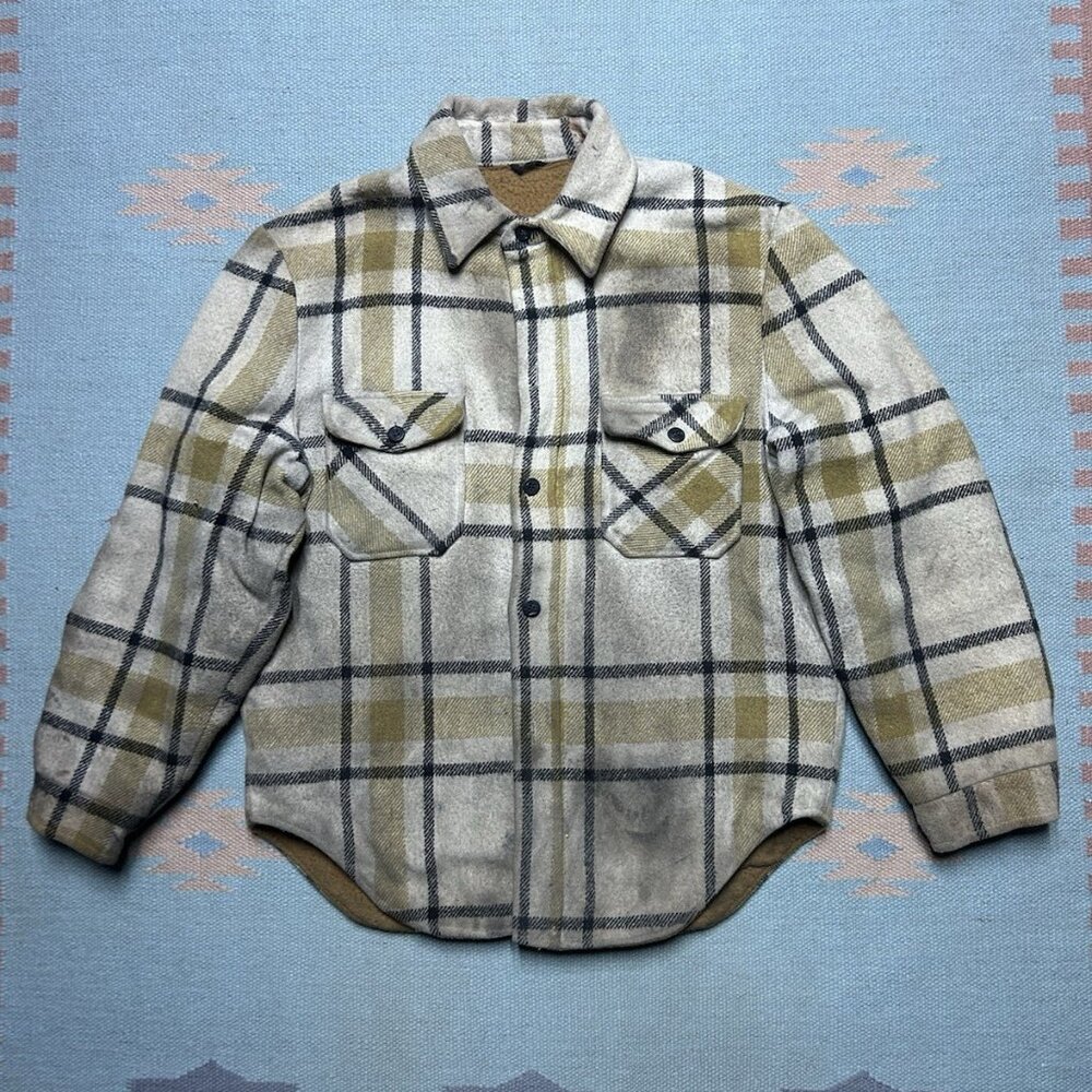 Vintage 60s wool button shirt CPO anchor buttons distressed plaid fleece lined L